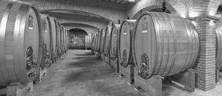 Wine barrels in a cellar